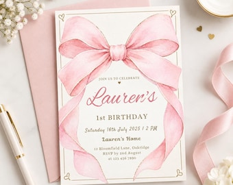 Pink Bow Birthday Invitation, Coquette Birthday Party Invite, Editable Canva Template, Digital Download