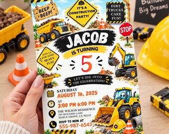 Construction Birthday Invitation | Dump Truck Excavator Invite | Kids Under Construction Party | Canva Template, Digital Download