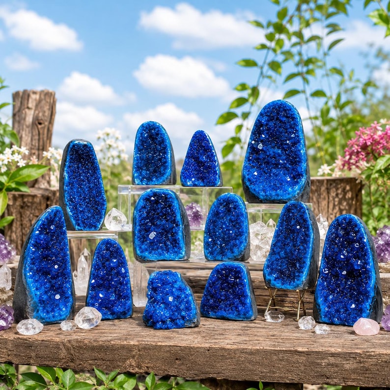 May include: A collection of eleven deep blue geode specimens with crystalline interiors, arranged on a weathered wooden surface. The stones vary in size and shape, featuring jagged, sparkling blue surfaces and dark outer edges.
