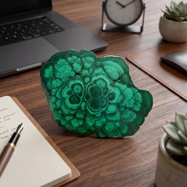 May include: A polished slab of malachite featuring vibrant green concentric bands and swirling patterns. The mineral specimen displays a natural, irregular shape with deep forest green and lighter emerald green color variations throughout its surface.