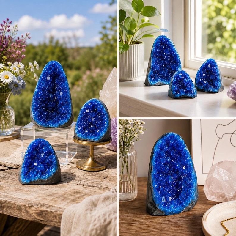 May include: A collection of deep blue geode halves featuring jagged, crystalline interiors and dark, rough outer shells. These pointed, stone-like structures are displayed in various settings, including on a gold pedestal and a clear acrylic stand.