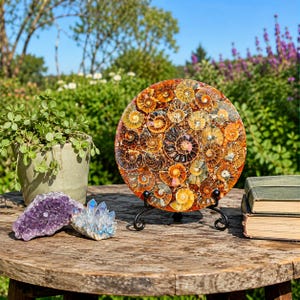 May include: A circular decorative plate featuring a mosaic of numerous fossilized ammonite shells in shades of amber, orange, and brown, displayed on a black metal stand. The fossilized shells exhibit intricate spiral patterns and textures.