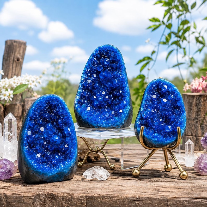 May include: Three vibrant blue geode specimens with crystalline interiors. One geode rests on a gold-toned metal tripod stand, another sits on a clear acrylic riser, and the third is placed directly on the surface. Small clear crystals are nearby.