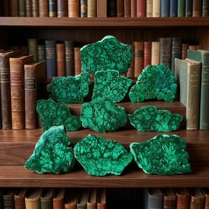 May include: A collection of nine raw malachite specimens displayed on wooden shelves. Each piece features deep green coloration with intricate, swirling banded patterns and concentric circular formations characteristic of the mineral's natural structure.