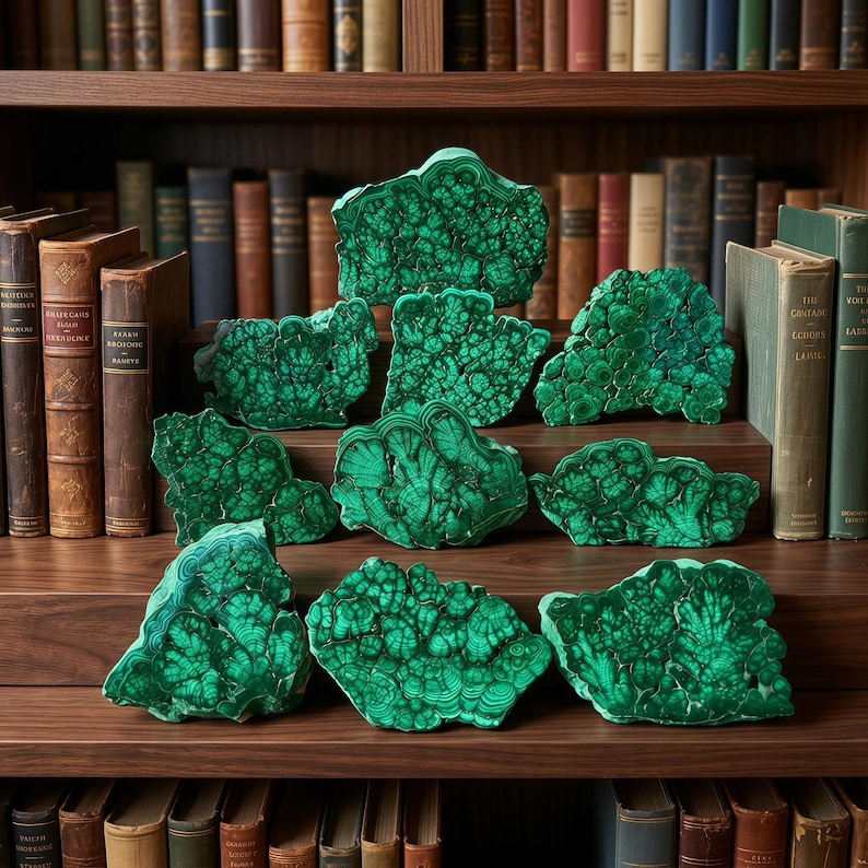 May include: A collection of nine raw malachite specimens displayed on wooden shelves. Each piece features deep green coloration with intricate, swirling banded patterns and concentric circular formations characteristic of the mineral's natural structure.