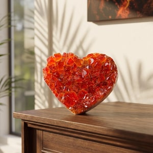 May include: A heart-shaped decorative object composed of numerous small, translucent, deep orange and red crystalline structures. The piece features a faceted, textured surface that catches light, creating a vibrant display of warm, fiery tones.