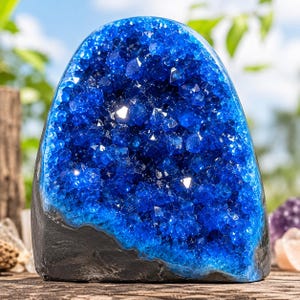 May include: A dome-shaped geode featuring a deep, vibrant blue crystalline interior with faceted, sparkling points. The exterior base is composed of a smooth, dark gray, matte rock formation that contrasts with the bright blue interior cavity.