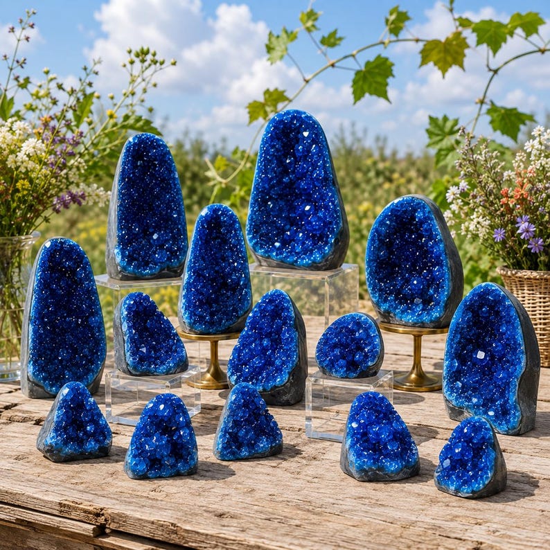 May include: A collection of thirteen deep blue geode clusters of varying sizes, each featuring a hollow center filled with sparkling, crystalline structures. The geodes are arranged on a wooden surface, some elevated on clear acrylic or gold stands.