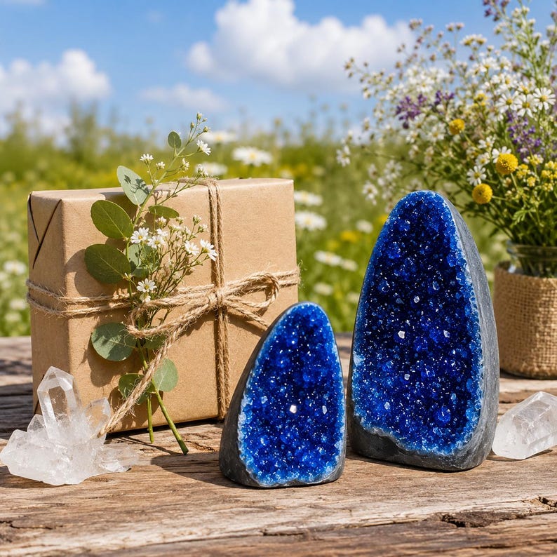 May include: Two deep blue geode halves with crystalline interiors, a rectangular gift box wrapped in brown paper with twine, a small sprig of eucalyptus and white flowers, and two clear quartz points arranged on a weathered wooden surface.