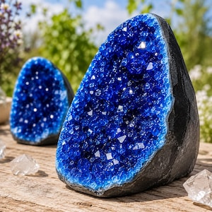 May include: Two geode specimens featuring a dark, matte exterior shell and a vibrant, deep blue crystalline interior. The crystals are faceted and reflective, creating a textured surface within the hollowed-out rock formations.