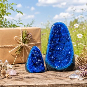 May include: Two vibrant blue geode specimens with crystalline interiors and dark outer shells, positioned next to a brown paper gift box tied with twine, accompanied by small clear quartz crystals and dried lavender sprigs on a wooden surface.