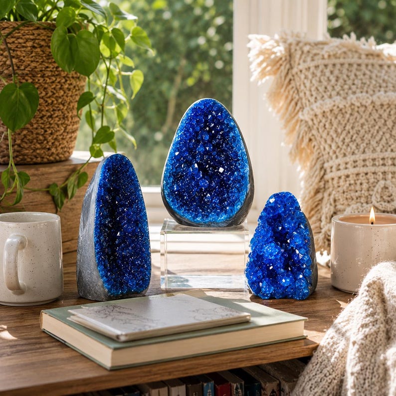 May include: Three vibrant blue crystal geodes of varying sizes displayed on a wooden surface. The central geode rests on a clear acrylic stand, while the others sit directly on the surface. Each geode features a deep blue, sparkling interior.