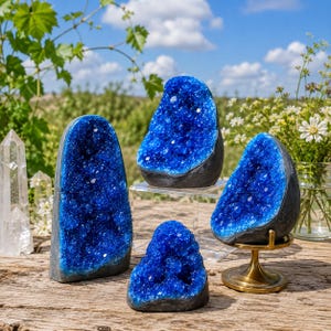 May include: Four vibrant blue geode specimens with crystalline interiors and dark outer shells. One geode rests on a gold-toned metal pedestal, another on a clear acrylic block, while two others sit directly on a weathered wooden surface.