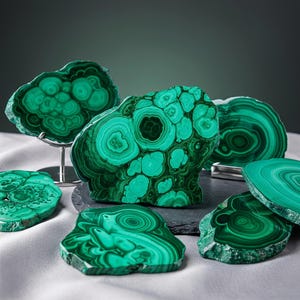 May include: A collection of polished malachite slices featuring vibrant green concentric rings and swirling patterns. Several pieces are displayed upright on small metal stands, while others lie flat, showcasing the natural banding and deep green hues.