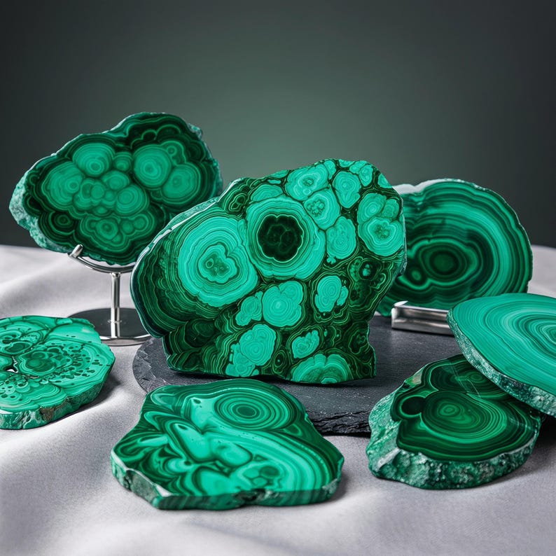 May include: A collection of polished malachite slices featuring vibrant green concentric rings and swirling patterns. Several pieces are displayed upright on small metal stands, while others lie flat, showcasing the natural banding and deep green hues.