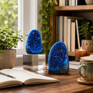 May include: Two deep blue geode specimens with crystalline interiors and dark, rough outer edges. One geode rests on a clear, square acrylic display block, while the other sits directly on the surface. Both display vibrant, sparkling blue crystals.