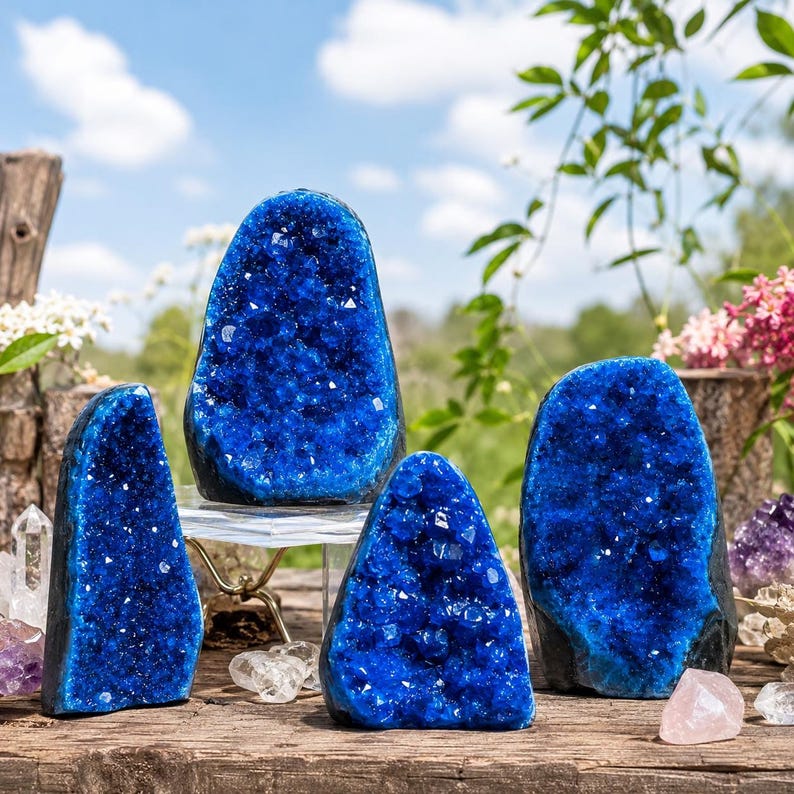 May include: Four vibrant blue geode specimens with crystalline interiors are displayed. The largest geode sits on a clear acrylic stand, while three smaller, pointed geode pieces are arranged around it on a weathered wooden surface.