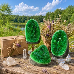 May include: Three vibrant green crystal geodes with sparkling interiors, one mounted on a gold metal stand, another on a clear acrylic base, and a third resting on a wooden surface alongside a brown gift box and small clear quartz points.