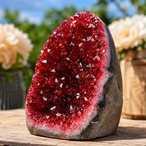 May include: A deep red crystal geode featuring a cluster of sharp, faceted points within a hollowed-out stone cavity. The exterior of the geode is a rough, dark gray rock, while the interior displays a vibrant, translucent crimson coloration.