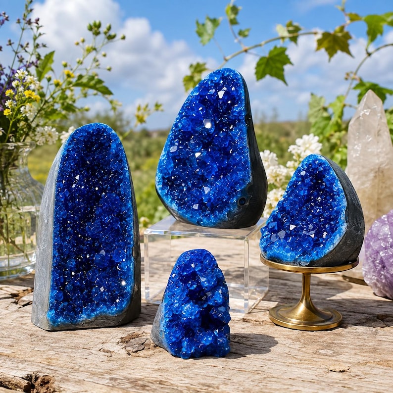 May include: Four vibrant blue crystal geodes with jagged, sparkling interiors and dark, rough outer shells. One geode rests on a small gold-toned metal pedestal, another sits on a clear acrylic block, and two are placed directly on a wooden surface.