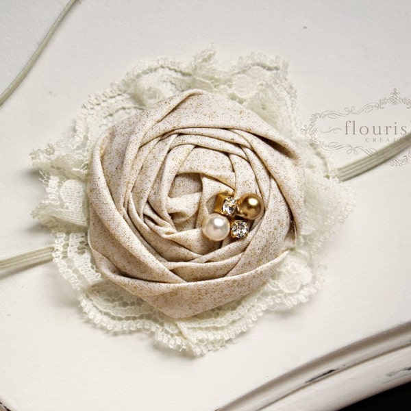 Ivory with Gold Sparkle Lace Headband, rosette headband, holiday headbands, newborn headband, photography prop