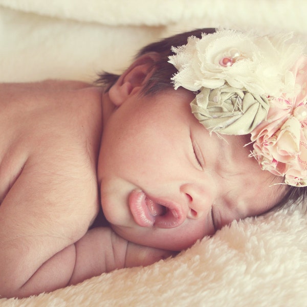 Vintage Pink and Ivory Chiffon Headband, baby headbands, newborn headbands, baby flower headbands, photography prop