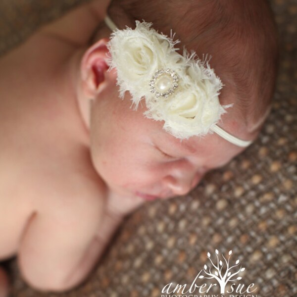 Petite Ivory Chiffon Flower headband, baby headbands, newborn headbands, photography prop, wedding accessories, baptism headbands