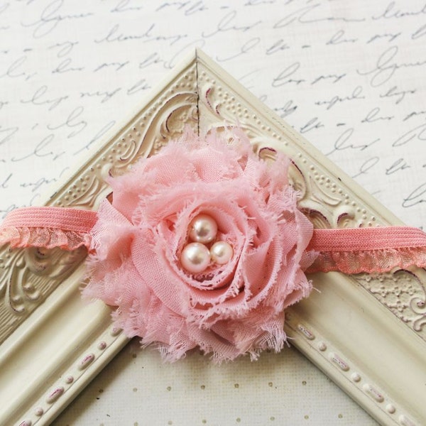 Peach Chiffon Flower headband, baby flower headbands, pink headbands, peach headbands, newborn headbands, photography prop