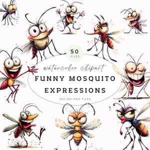 Könnte beinhalten: Aquarell-Clipart mit verschiedenen lustigen Mückenausdrücken. Das Bild zeigt mehrere Zeichentrickmücken mit übertriebenen Merkmalen und Ausdrücken. Der Text auf dem Bild lautet "Funny Mosquito Expressions" und "50 Files".