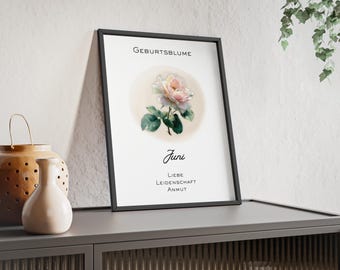 Geburtsblume Juni Print, Rose Poster, Wanddekoration, botanisch, Illustration im Aquarellstil