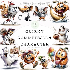 Könnte beinhalten: Eine Sammlung von Aquarell-Cliparts mit Zeichentrickfiguren, darunter eine Mumie mit Sandburg, eine Katze mit Hut, eine Fledermaus, ein Kürbis auf einer Banane, ein Zombie, ein Geist mit Kokosnuss, ein Geist mit Schild und Kürbisse.