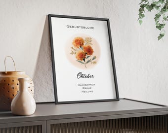 Geburtsblume Oktober Print, Ringelblume Poster, Wanddekoration, botanisch, Illustration im Aquarellstil