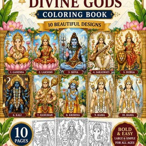 Hinduiska gudar målarbok, Ganesha Shiva Krishna Rama Lakshmi, djärva och enkla målarbilder, utskrivbar PDF, digital nedladdning