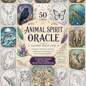 Op de afbeelding: Een set van 50 Animal Spirit Oracle kleurkaarten met gedetailleerde lijntekeningen van diverse dieren, waaronder een wolf, uil, adelaar, beer, vos, hert, raaf, vlinder, zeeschildpad, dolfijn, olifant, paard, walvis, tijger en een eenhoorn.