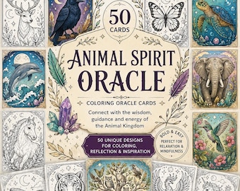 May include: A set of 50 Animal Spirit Oracle coloring cards featuring intricate line art of various animals including a wolf, owl, eagle, bear, fox, deer, raven, butterfly, sea turtle, dolphin, elephant, horse, whale, tiger, and unicorn.