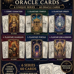 May include: Planetary Archetypes Oracle Cards set featuring 60 cards across 6 series: Cosmic Characters, Planetary Temples, Spirits, Guardians, Portals, and Gods & Goddesses. Includes color and line art designs for intuition and inspiration.