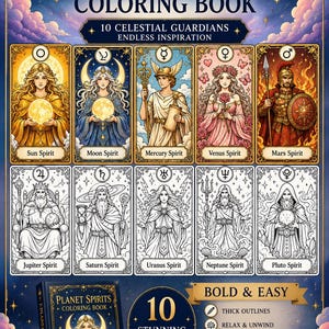 May include: A Planet Spirits coloring book featuring 10 celestial guardians with thick outlines. The cover displays 10 illustrated cards representing planets, including Sun, Moon, Mercury, Venus, Mars, Jupiter, Saturn, Uranus, Neptune, and Pluto.