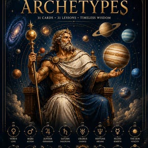 Puede incluir: Un mazo de 31 cartas titulado The Planetary Archetypes, que muestra una figura barbuda con una túnica azul y blanca sosteniendo un bastón dorado. El diseño incluye varios planetas, símbolos celestiales y el texto Discover the cosmic forces that shape your journey.