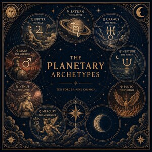 May include: A dark blue poster titled The Planetary Archetypes, Ten Forces. One Cosmos. It features circular illustrations of Jupiter, Saturn, Uranus, Neptune, Pluto, Mercury, Venus, and Mars, each with their respective symbols and archetypal titles.