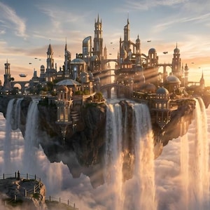 Puede incluir: Una ciudad fantástica, con torres, cúpulas y puentes, flota en el cielo sobre las nubes. Las cascadas caen en cascada desde la isla, con un cielo de puesta de sol. La imagen evoca una sensación de asombro y grandeza arquitectónica.
