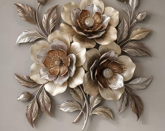 3D Botanical Metal Flowers Wall Art | Luxury Floral Printable Decor (Digital Download)