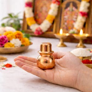 Pode incluir: Um pequeno recipiente de cobre polido com um corpo arredondado e uma borda alargada distinta. O objeto apresenta uma superfície metálica lisa com um acabamento quente e reflexivo. Tem a forma de um vaso tradicional, com um pescoço estreito.