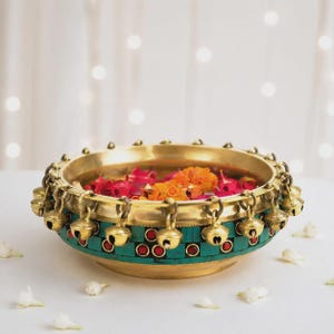 WOODEN TEMPLE STORE Premium Mosaic Brass Urli Bowl with Hanging Ghungroo Bells