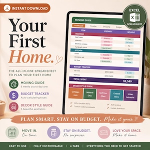 Puede incluir: Una plantilla de hoja de cálculo de Excel digital titulada Your First Home, que incluye una guía de mudanza, un rastreador de presupuesto y una guía de estilo de decoración. La interfaz muestra tablas codificadas por colores.