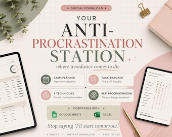 May include: A digital download graphic with the text "YOUR ANTI-PROCRASTINATION STATION" and other text. The image includes a tablet, a notebook, a pen, and a paper clip. The graphic is designed to help users manage their time and avoid procrastination.