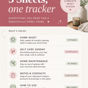 May include: A digital tracker document titled 5 Sheets, one tracker, featuring a list of contents including Home Reset with 18 tasks, Self Care Sunday with 34 rituals, Home Maintenance with 16 tasks, Notes & Contacts with 4 sections, and How to Use.