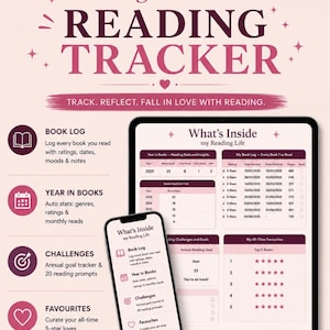 May include: A digital reading tracker displayed on a tablet and smartphone, featuring sections for book logs, yearly stats, reading challenges, and favorites. The interface includes text like Hot Girl Reading Tracker, What's Inside, and various data tables.