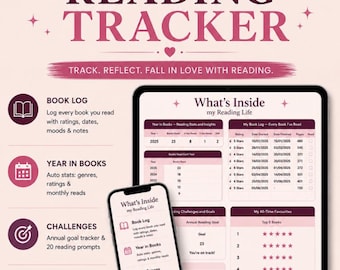 May include: A digital reading tracker displayed on a tablet and smartphone, featuring a light pink background with dark maroon text. The interface includes sections for a book log, year in books, reading challenges, and favorites with star ratings.