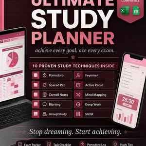 Ultimate Study Planner Spreadsheet | Exam Tracker, Task Log, Pomodoro Method (Digital Download)