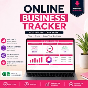 Może przedstawiać: Panel śledzenia biznesu online wyświetlony na ekranie laptopa. Interfejs zawiera sekcje dotyczące przeglądu firmy, cel&oacute;w miesięcznych, sprzedaży, wydatk&oacute;w i wskaźnik&oacute;w klient&oacute;w. Tekst zawiera "ONLINE BUSINESS TRACKER" oraz "EXCEL & GOOGLE SHEETS".